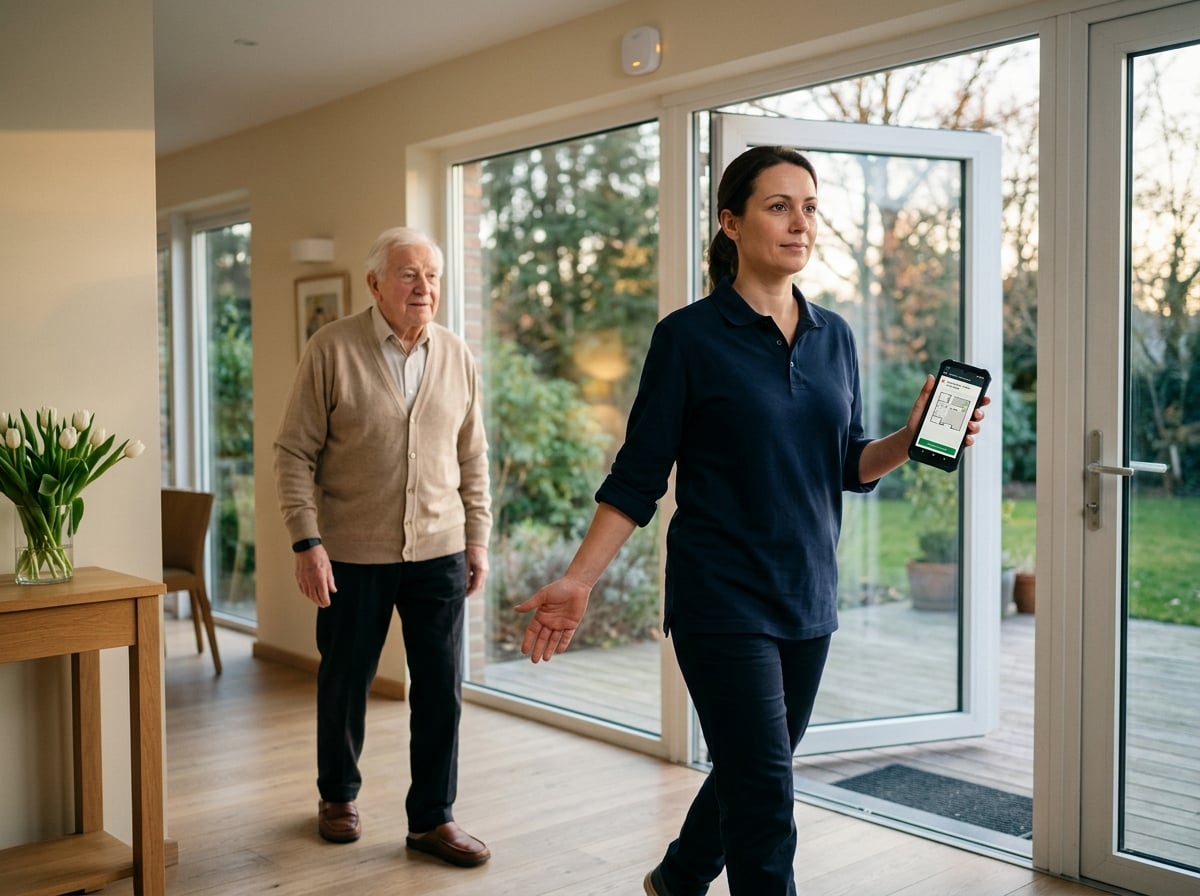 Care worker in navy polo gently greeting an elderly resident wearing a discreet BLE wristband near the entrance door of a Belgian care home, zone-crossing alert visible on a professional Android smartphone
