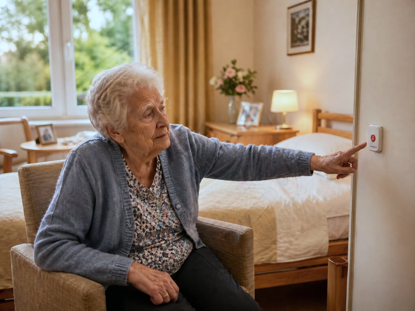 Care worker in navy polo viewing an incoming nurse call on a professional Android smartphone, smiling elderly resident sitting in an armchair in the background, warm home-like atmosphere of a Belgian care home