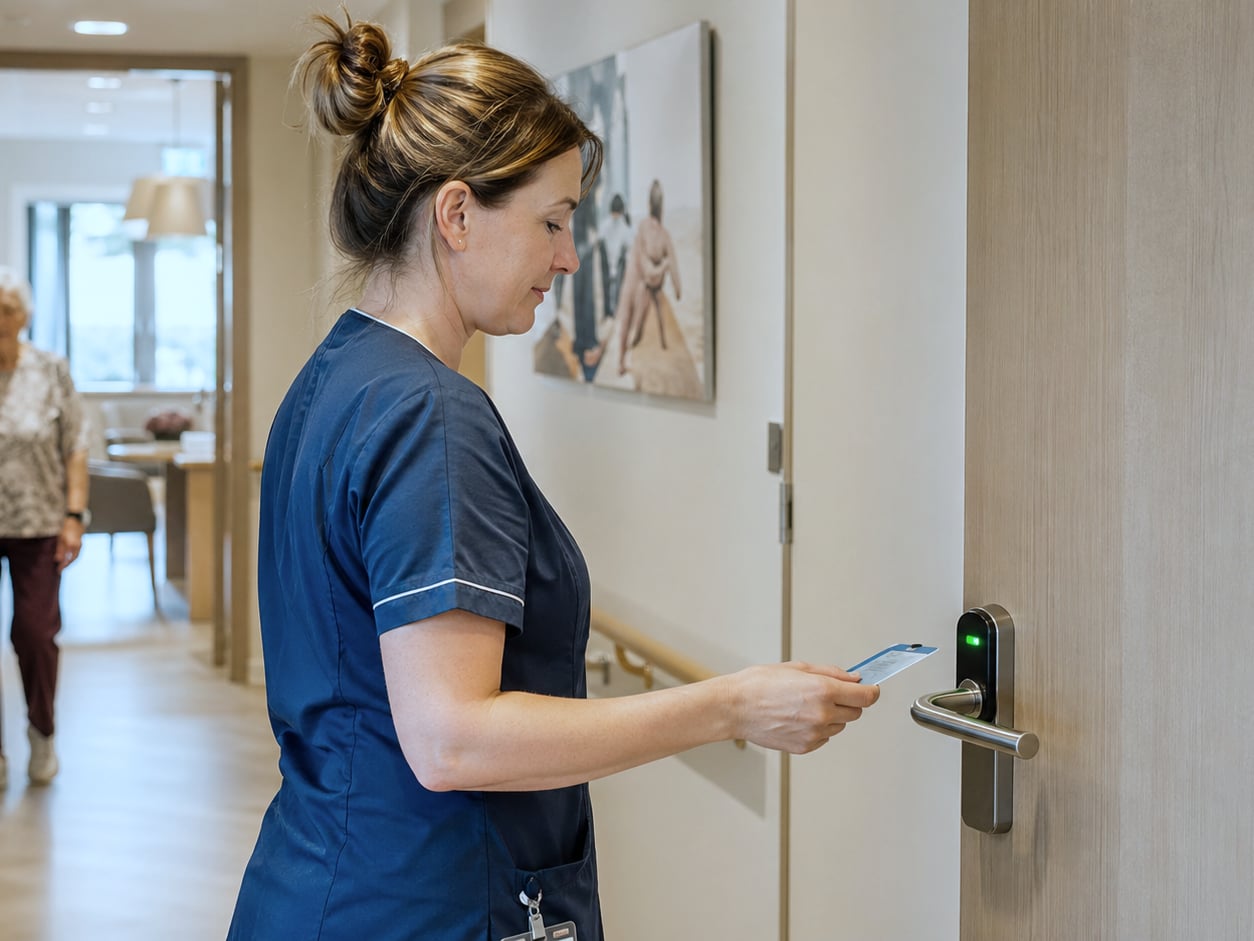 Care worker in navy polo validating an access with a badge at the door of a protected unit of a Belgian care home, Healthcall access control