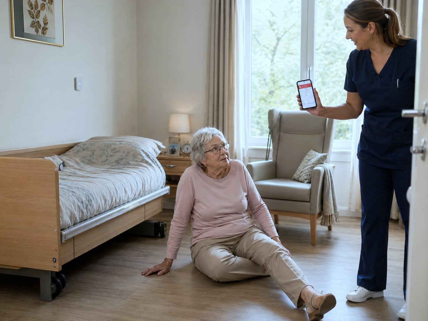 Care worker in navy polo promptly intervening with an elderly resident after a fall alert on a professional Android smartphone, Belgian care home resident room atmosphere