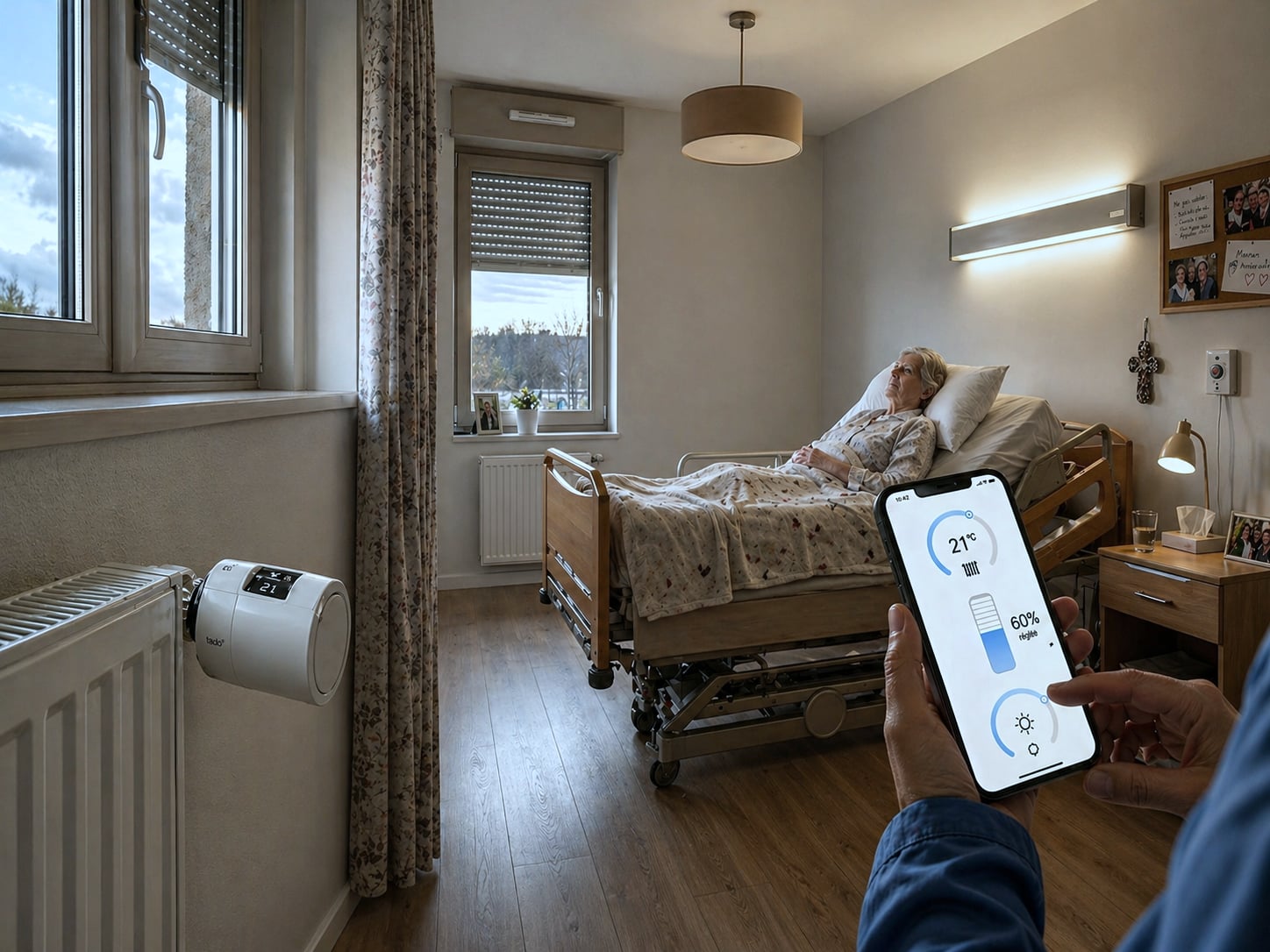 Belgian care home corridor lit in soft night light, floor wayfinding lighting and building controls driven by Healthcall professional building automation