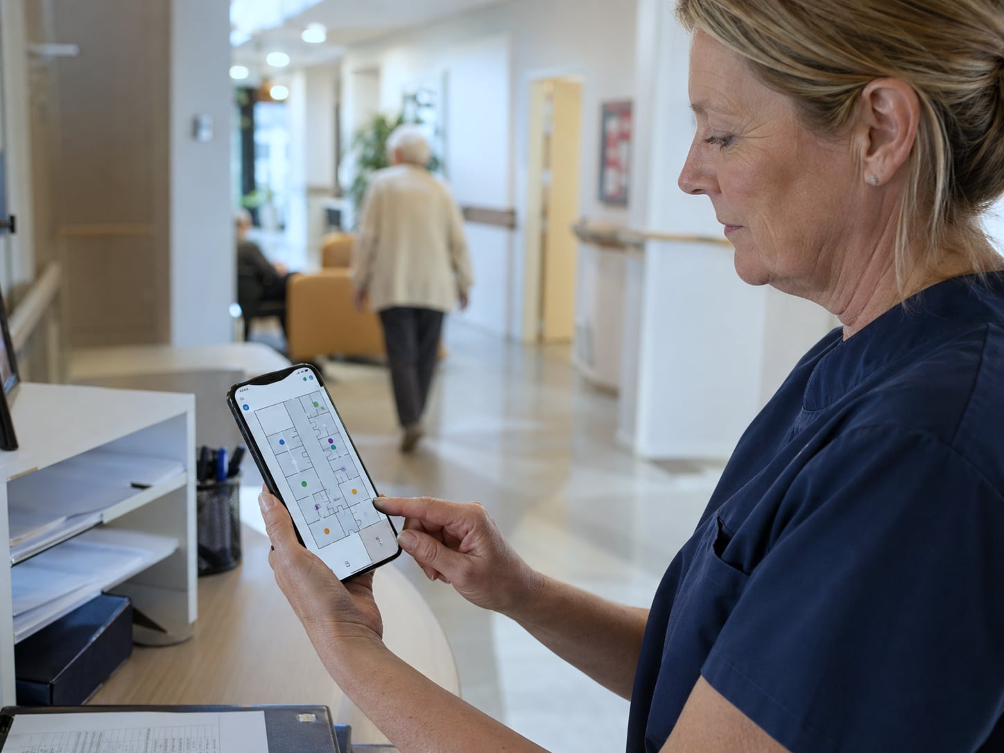 Care worker in navy polo viewing a real-time floor plan with anonymised positions of residents wearing a BLE wristband, Healthcall supervision in a Belgian care home