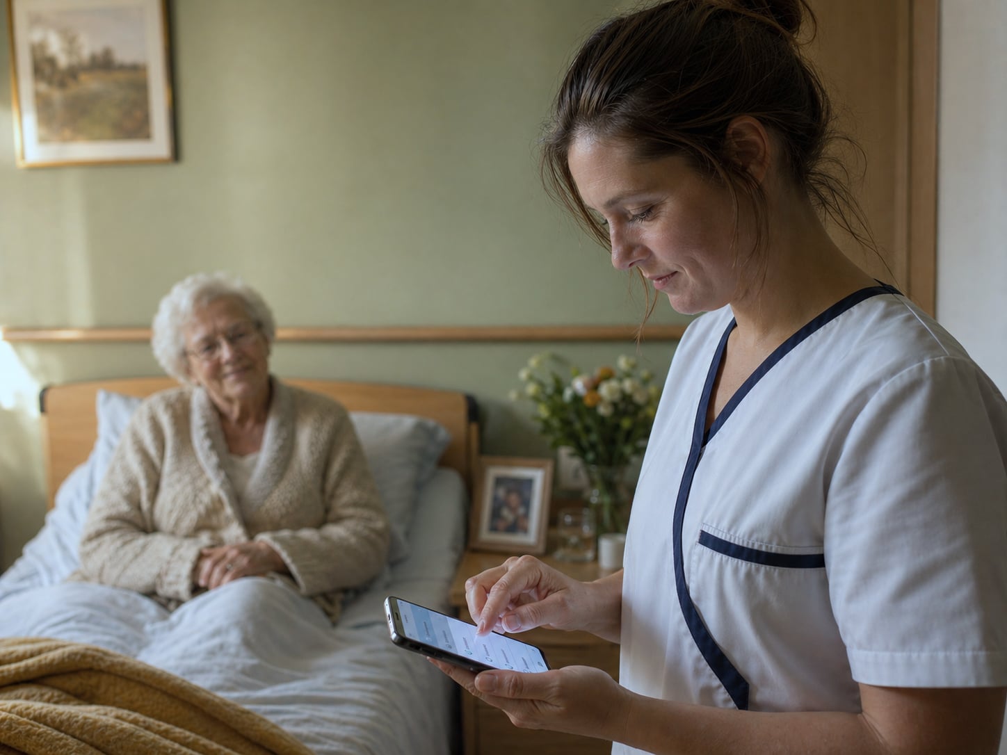 Care worker in navy polo ticking a scheduled care action on a professional Android smartphone with a resident, warm room of a Belgian care home, Healthcall scheduled-care