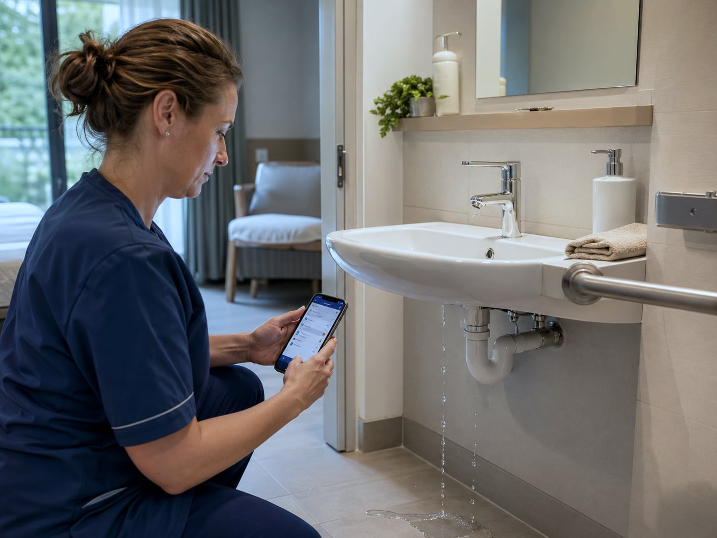 Technician in navy polo consulting a technical intervention request on a professional Android smartphone in the corridor of a Belgian care home, Healthcall technical-task management