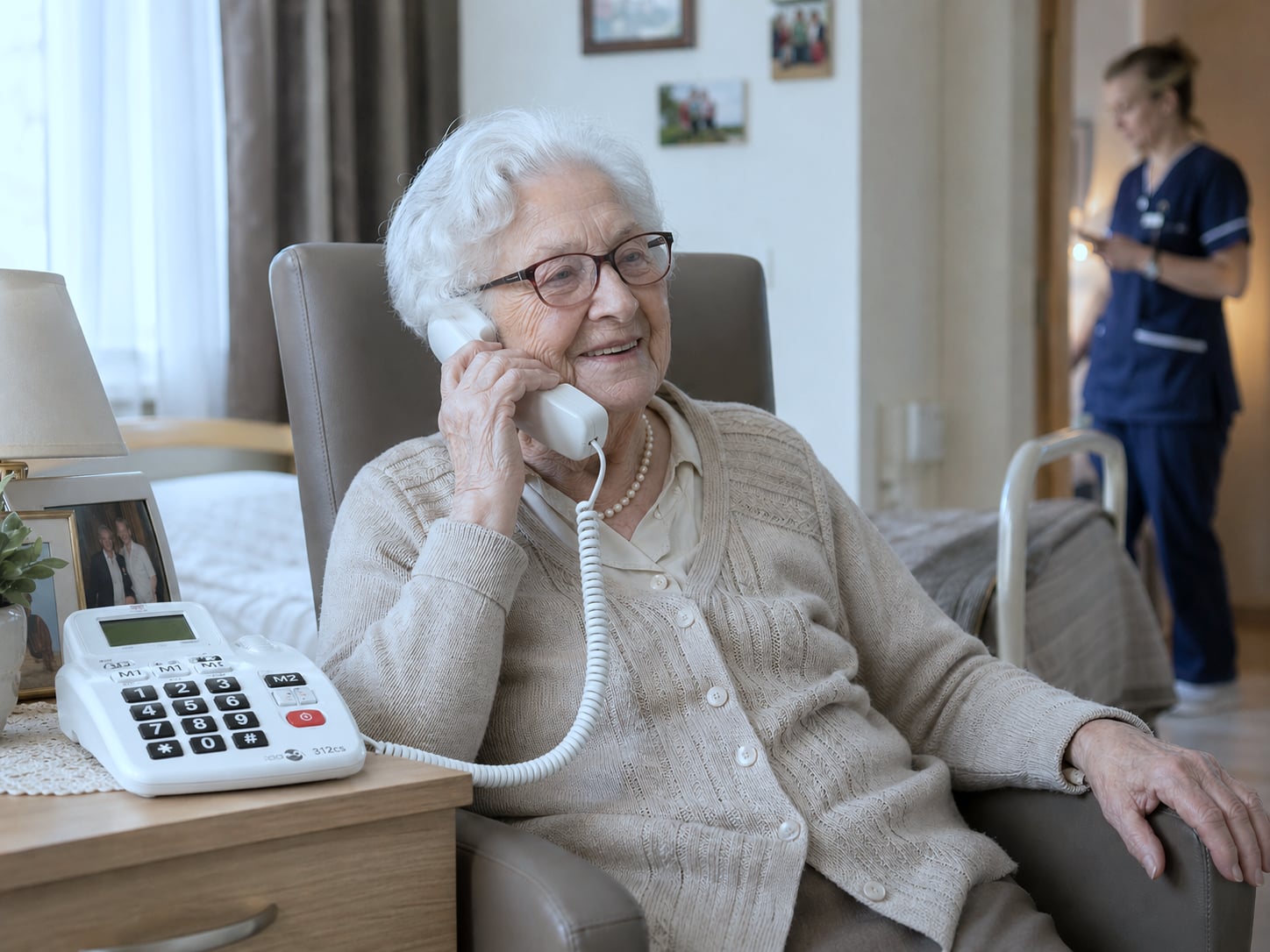 Elderly resident holding a large-button phone in her room, warm atmosphere of a Belgian care home, Healthcall resident phone solution