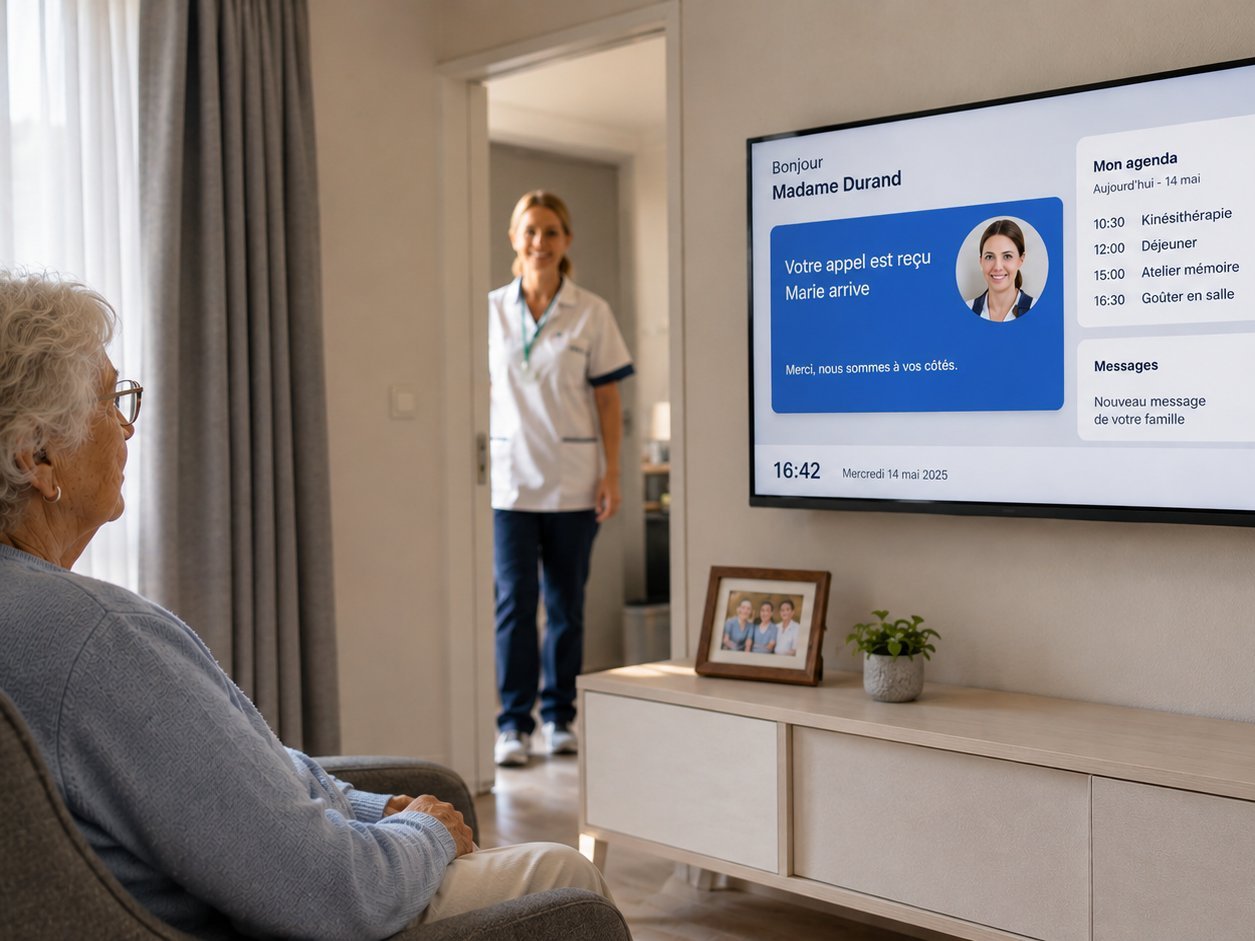 Nursing home room with TV showing personalized welcome screen, senior-adapted remote on the bedside table