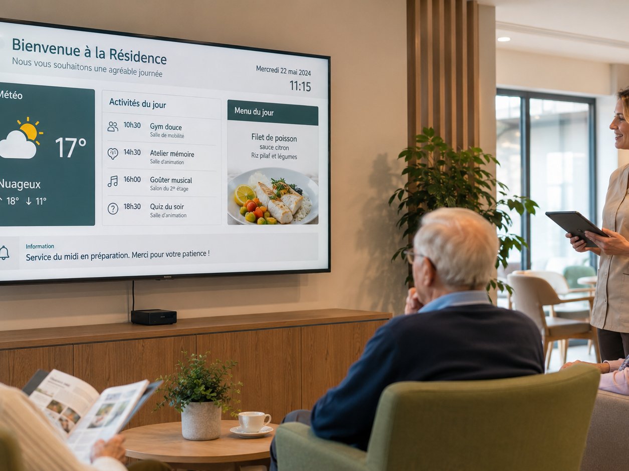 Reception hall of a Belgian nursing home with welcome screen, local weather and daily activities