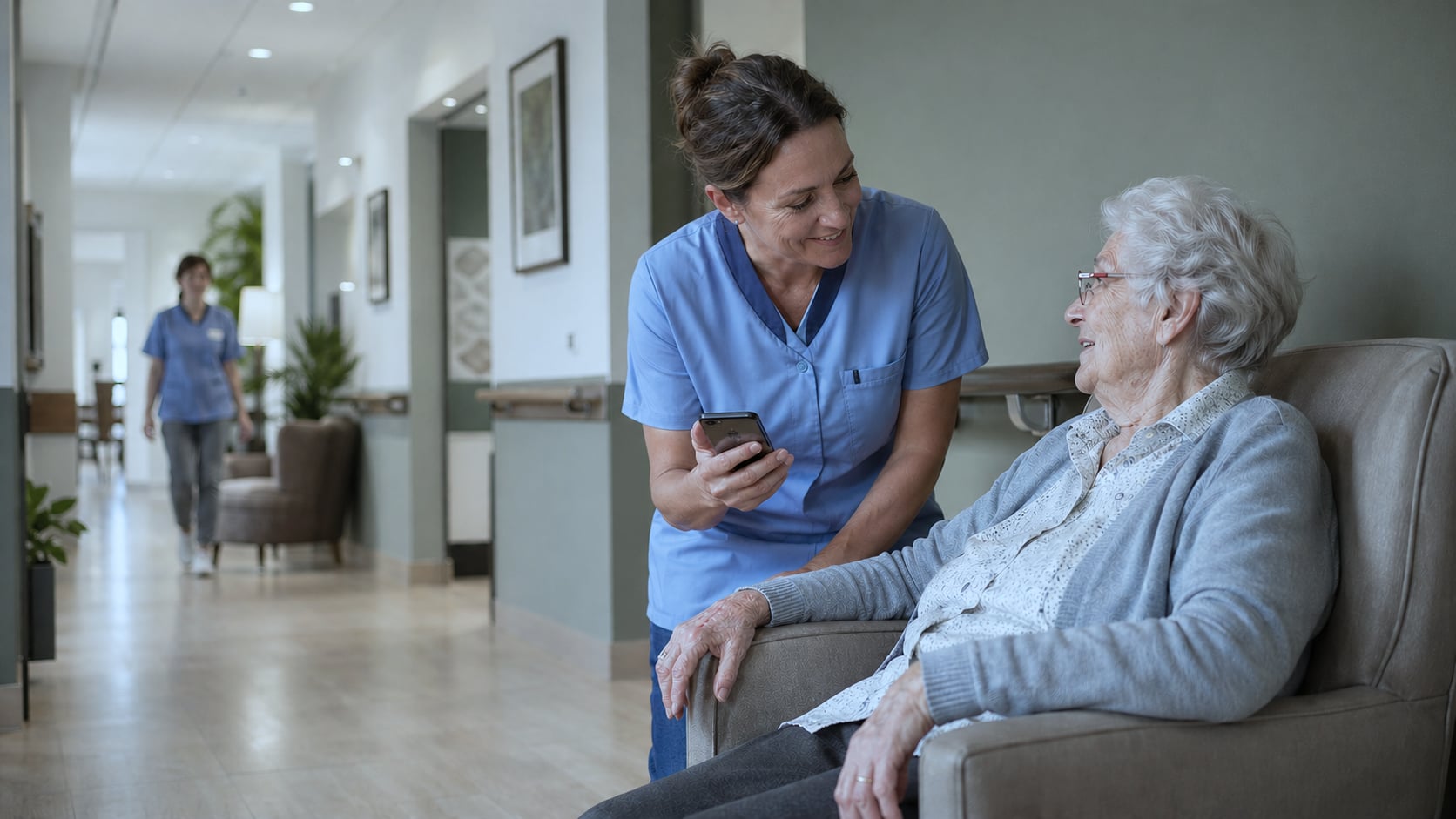 Conversation between a care home director and the Healthcall team over a deployment file, contemporary Belgian care home setting