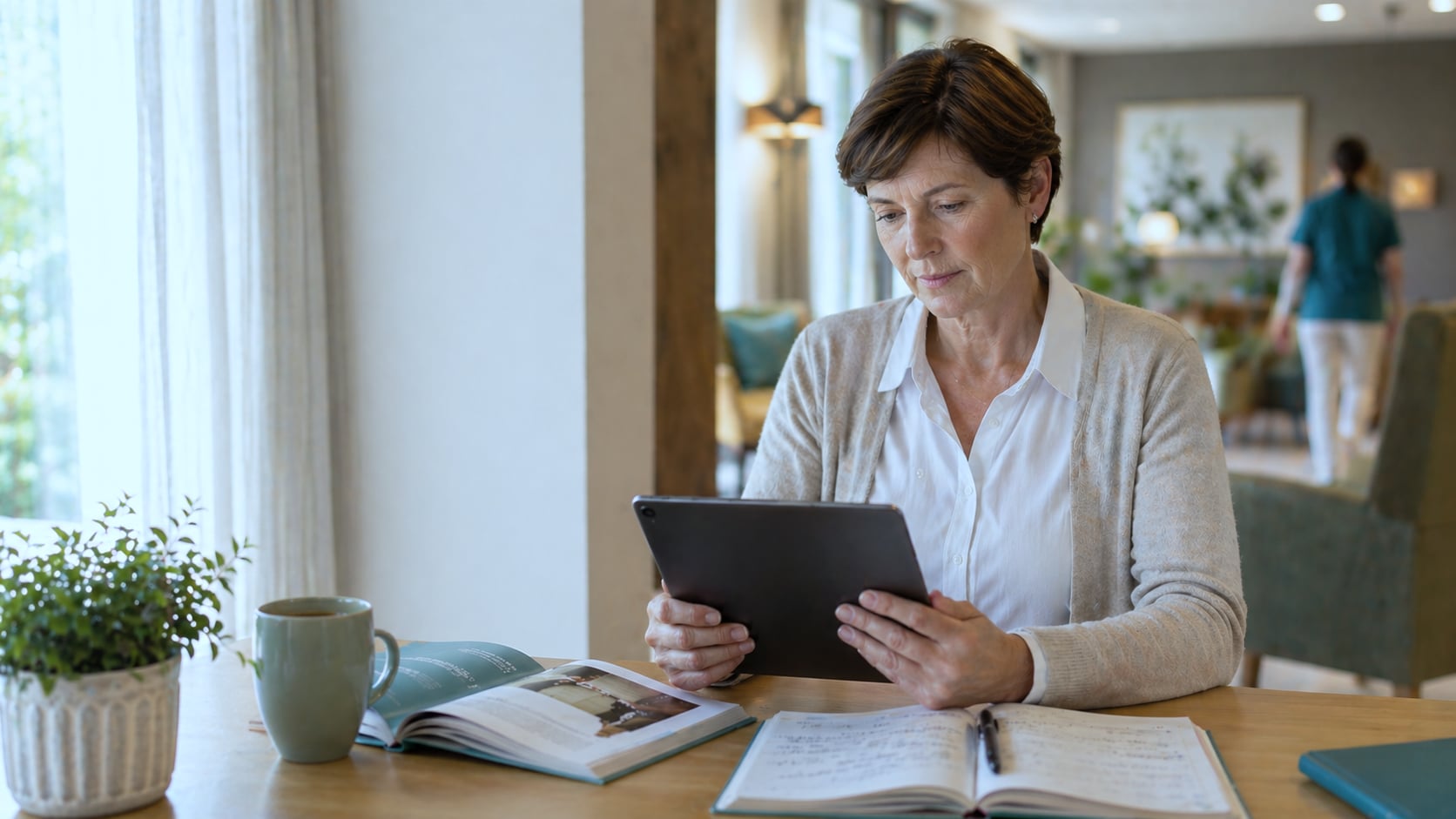 Woman reading a Healthcall guide on a tablet, with an open notebook on the table in the lounge of a Belgian care home, care worker in the background