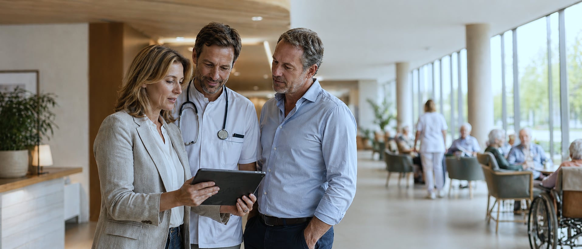 Care home director in a discussion with a coordinating physician, bright corridor of a contemporary Belgian care home with residents in the background